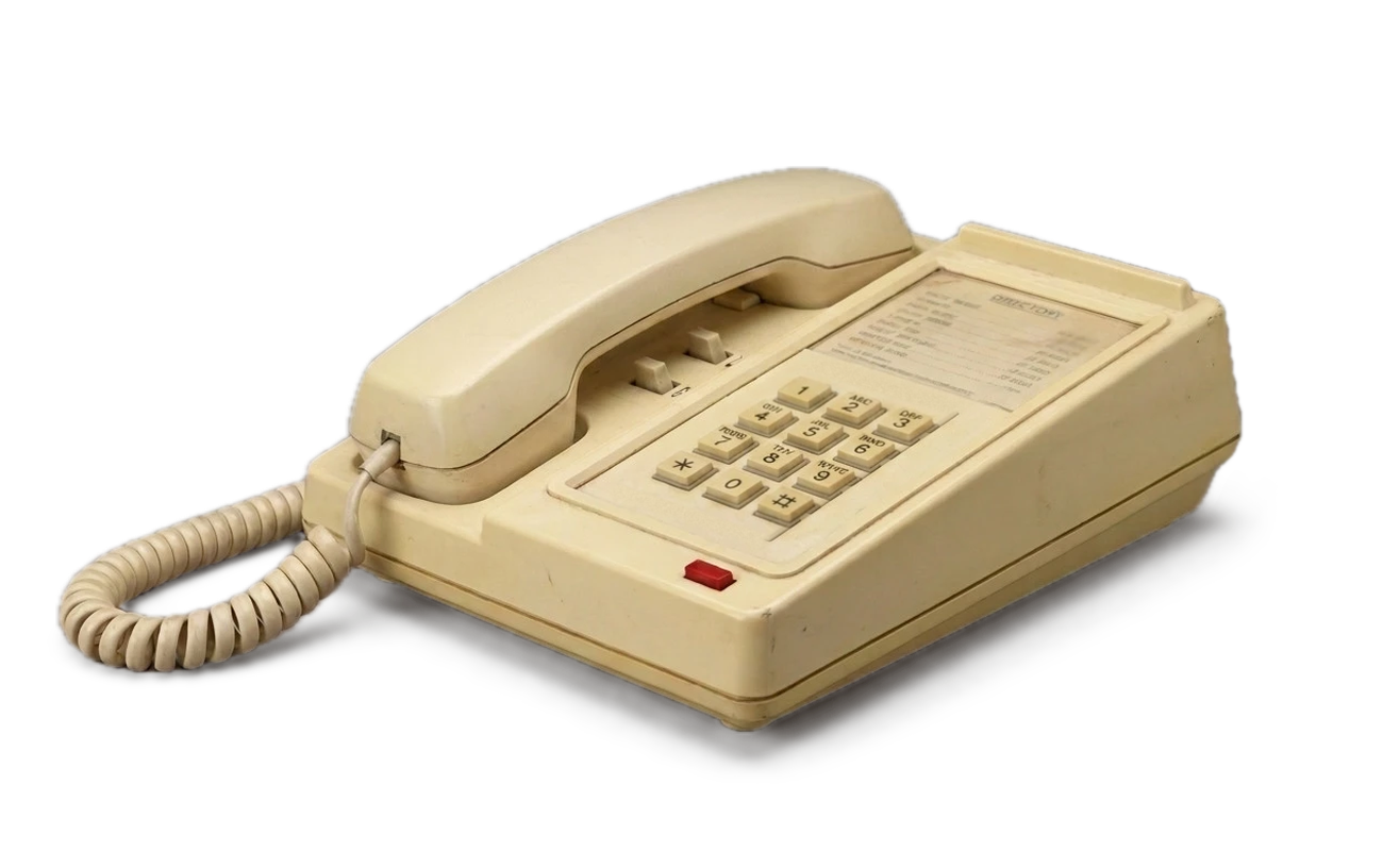 A cream push-button desk telephone