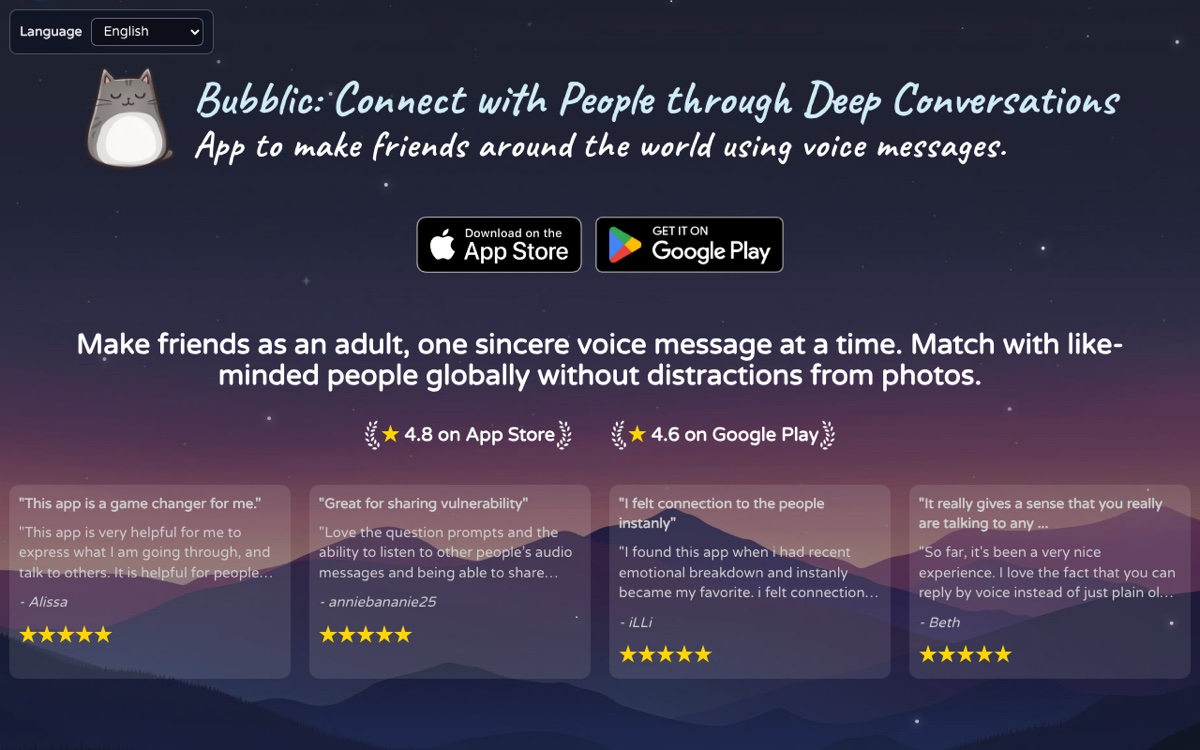 Bubblic's homepage: an app to make friends around the world using voice messages, with app-store badges, a 4.8 App Store rating, and user reviews praising the question prompts.