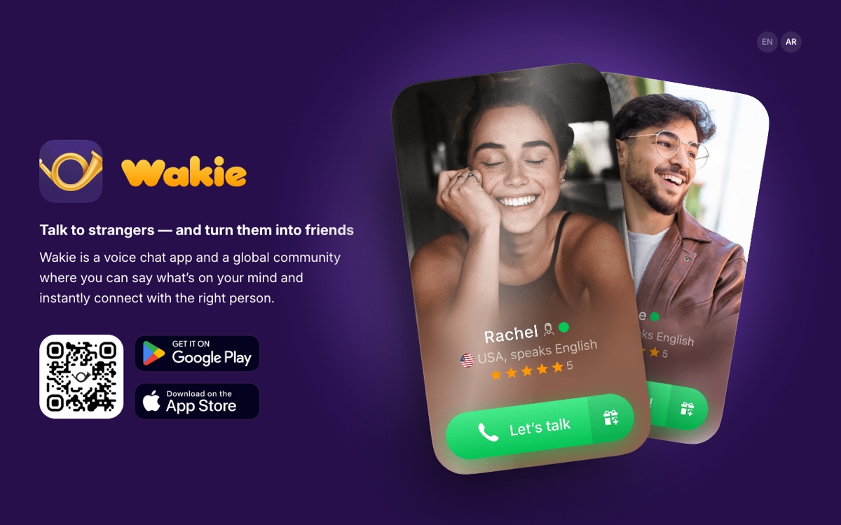 Wakie's homepage showing browsable caller profile cards with first names, star ratings, and a green Let's talk call button, under the headline Talk to strangers and turn them into friends.