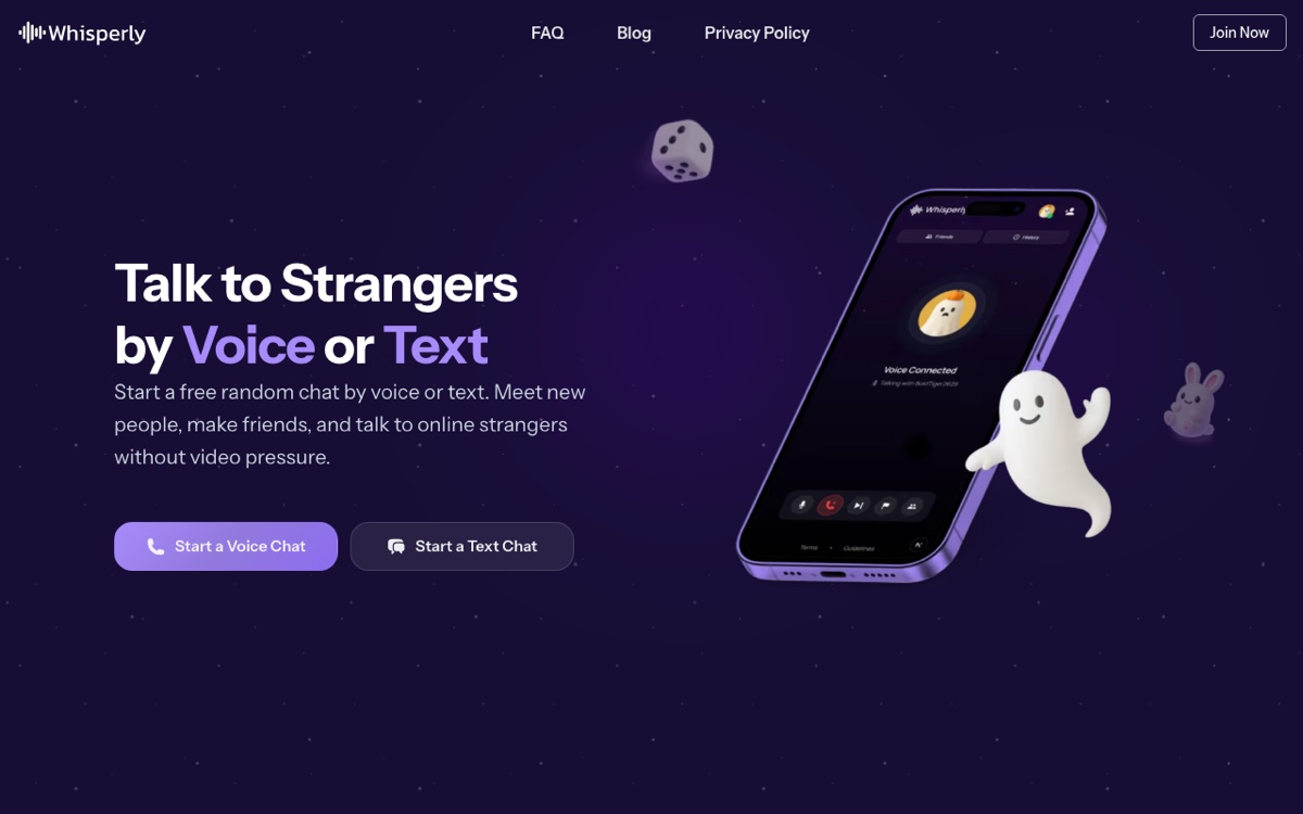 Whisperly's landing page: the headline reads Talk to Strangers by Voice or Text, above buttons to start a voice chat or a text chat, next to a phone mockup showing a voice call in progress.